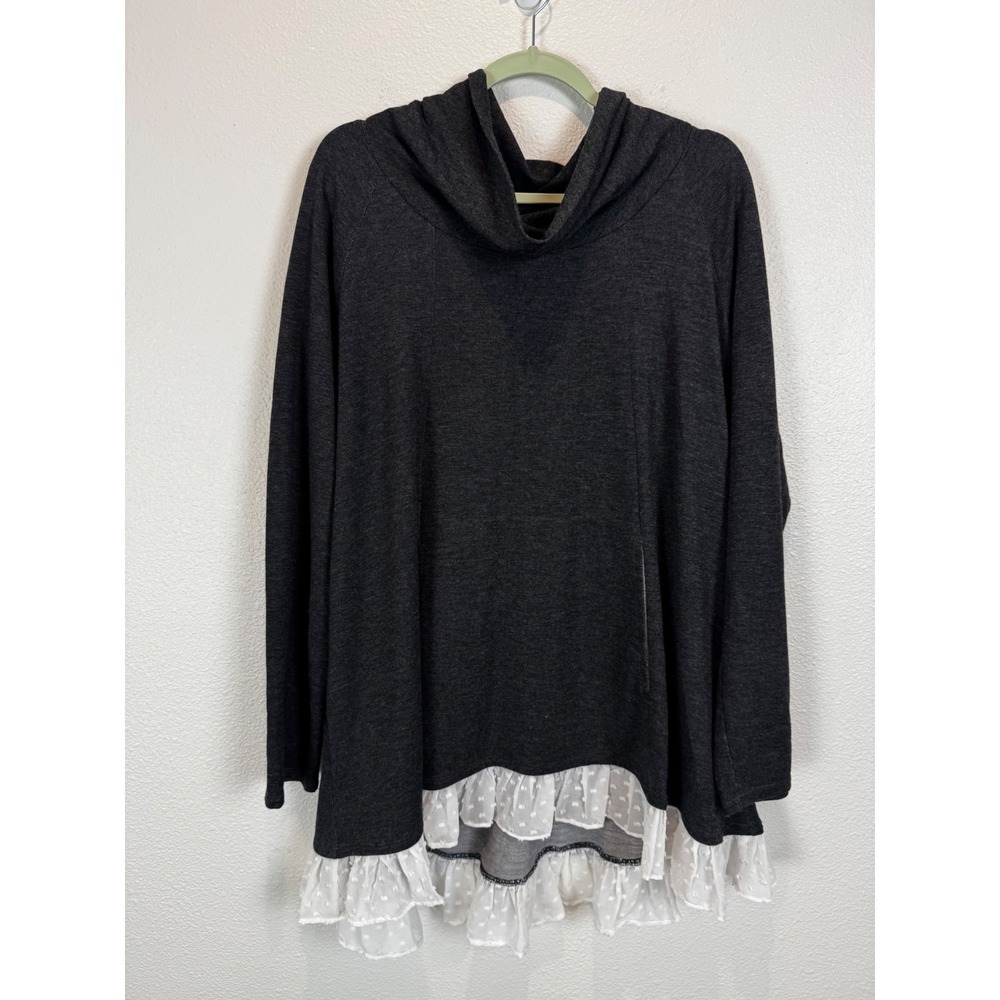 LOGO Lounge Tunic Women XL Gray Cowl Neck Swiss Dot Ruffle Hem Long Sleeve Top